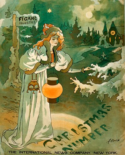 Poster di Natale con una donna che tiene una lanterna davanti a un cottage innevato da School American