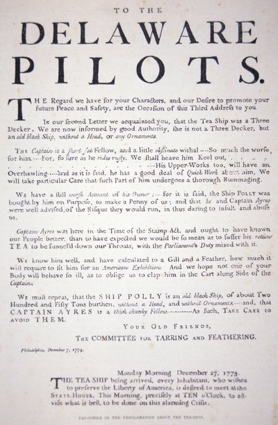 Facsimile della proclamazione dei patrioti di Filadelfia ai piloti del Delaware avvertendoli di non trattare con la nave del tè britannica, 7 dicembre 1773 da School American