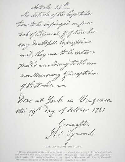 Lettera di capitolazione di Yorktown, firmata da Lord Cornwallis da School American