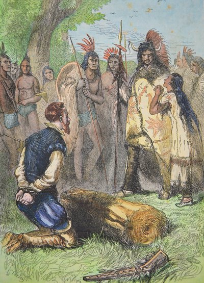 Pocahontas salva la vita di John Smith (incisione colorata) da School American