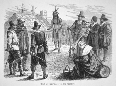 Samoset, capo dei Pemaquids visita i Padri Pellegrini nel 1621 da School American