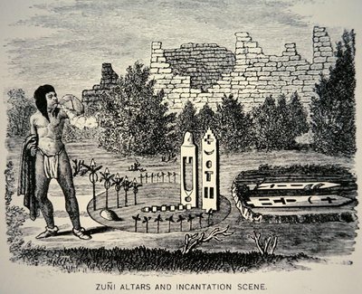 Zuni che soffia polline su un santuario Pueblo (incisione) da School American