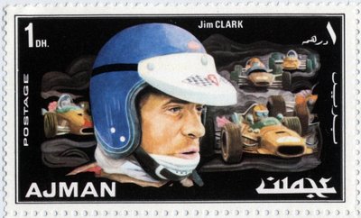 Francobollo degli Emirati Arabi Uniti che rappresenta il pilota automobilistico scozzese Jim Clark (1936-1968) da School Arabic