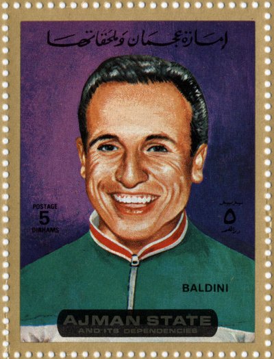 Francobollo degli Emirati Arabi Uniti che rappresenta il ciclista Ercole Baldini (nato nel 1933) da School Arabic