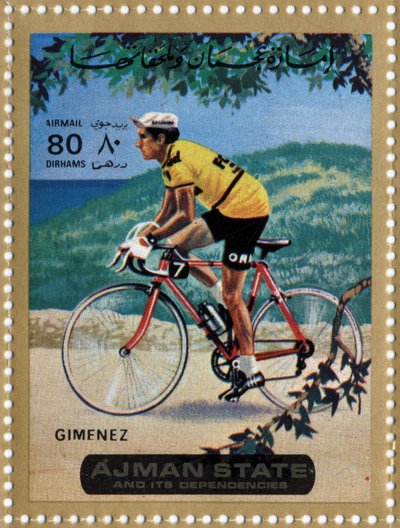 Francobollo degli Emirati Arabi Uniti che rappresenta il ciclista Julio Jimenez (nato nel 1934) da School Arabic