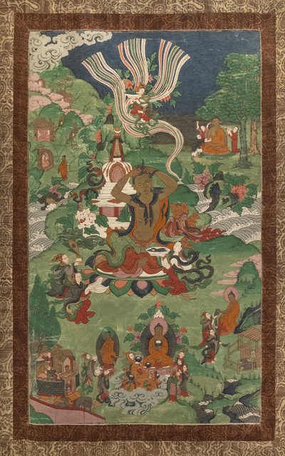 Taglio di capelli e altre scene. Thangka da un seguito dedicato ai principali episodi della vita del Buddha da School Asian