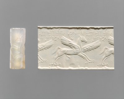 Sigillo cilindrico e impressione moderna: cavallo alato con artigli e corna, c. XIV-XIII secolo a.C. (calcedonio) da School Assyrian