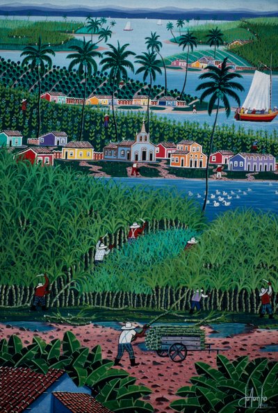 Pittura naive raffigurante raccolta di bambù da School Brazilian