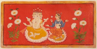 Brahma seduto con Saraswati Brahma che tiene i Quattro Veda e Saraswati che stringe un petalo di loto, c.1650 da School Bundi