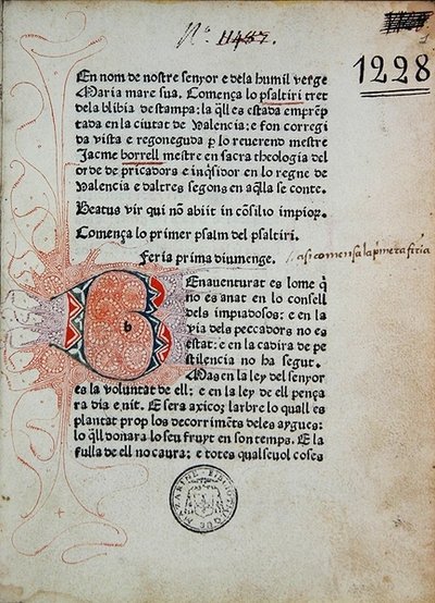 Salterio di Bonifacio Ferrer, corretto da Jaime Borrell, stampato da Nicolaus Spindeler a Barcellona nel 1480 da School Catalan