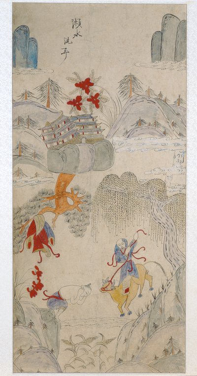 Pannello di un paravento a otto pieghe raffigurante storie famose della Cina (pigmenti naturali su carta) da School Chinese