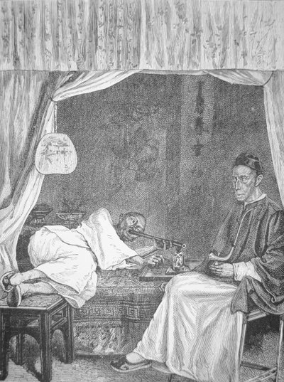 Fumatori di oppio cinesi, incisione del 1875 da School Chinese