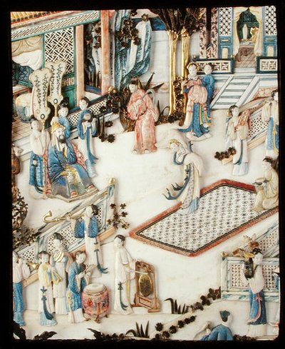 Dettaglio di un pannello raffigurante un dignitario che osserva una danzatrice, periodo Qianlong da School Chinese