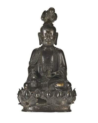 Figura di Guanyin, la dea cinese della misericordia seduta su una base a forma di loto con un corvo posato sulla testa e un coniglio nella mano sinistra da School Chinese