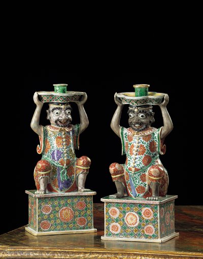 Un paio di candelabri export famille verte, Kangxi da School Chinese