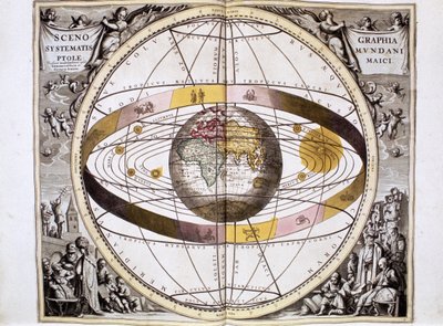 Sistema di universo tolemaico, geocentrico, centrato sulla Terra, con la posizione del Sole, della Luna e dei pianeti, da "Harmonia Macrocosmica" di Andreas Cellarius, Amsterdam da School Dutch