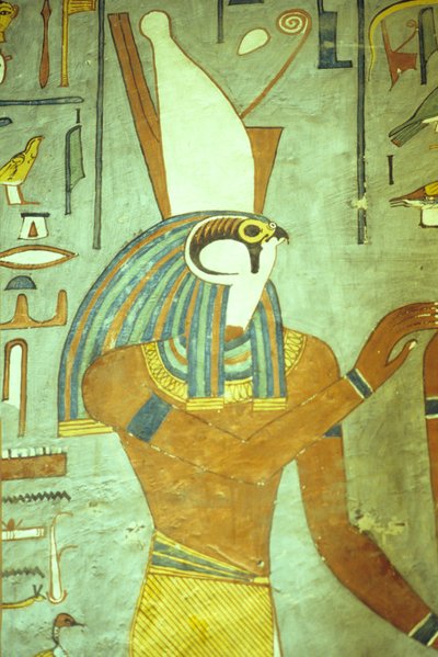 Antico Egitto, Pittura, Horus, dio dalla testa di falco, Dio dei re, Tomba di Ramesse I, Tebe da School Egyptian
