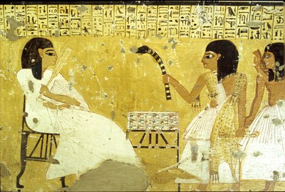 Antico Egitto, Pittura murale, Tomba di Inherkhau, Tebe, Inherkhau davanti ai suoi figli che svolgono i doveri di un sacerdote, Indossando una pelle di leopardo, Valle dei Nobili, XX dinastia da School Egyptian