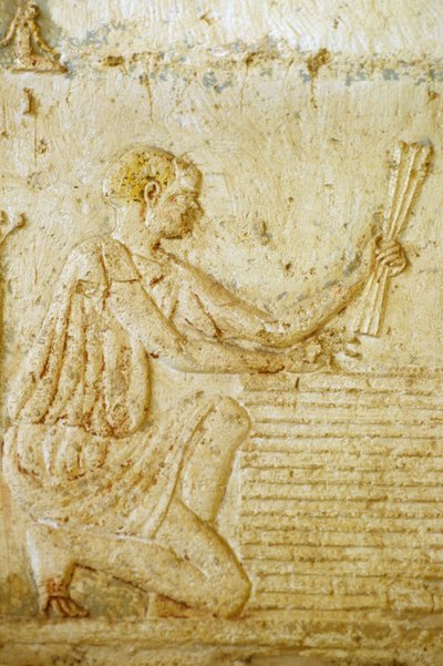 Antico Egitto, incisione/pittura murale, Tomba di Petosiris, Tuna el Gebel, 300 a.C., La raccolta del lino da School Egyptian