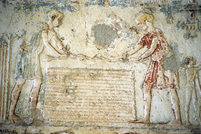 Antico Egitto, Incisione/affresco murale, Tomba di Petosiris, Tuna el Gebel, 300 a.C., La raccolta del lino da School Egyptian