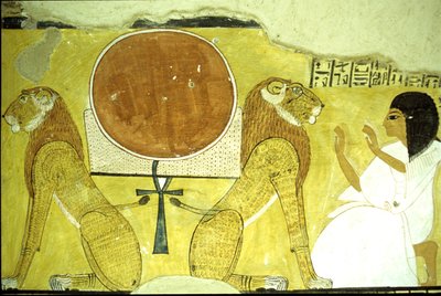 Antico Egitto, Pittura murale Tomba di Inherkhau, Tebe, Inherkhau che adora due leoni, guardiani di oggi e domani, XX dinastia da School Egyptian