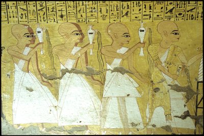 Antico Egitto, Pittura murale Tomba di Inherkhau, Tebe, Tomba dei Nobili, XX dinastia, Sacerdoti che versano libagioni per Inherkhau da School Egyptian