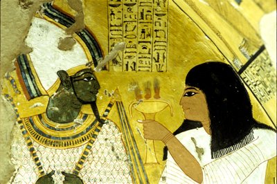 Antico Egitto, Pittura murale Tomba di Inherkhau, Tebe, Tomba dei Nobili, XX dinastia, Inherkhau che offre doni a Osiride (foto) da School Egyptian