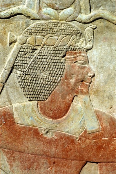 Antico Egitto, Pittura/scultura murale, Un faraone, che indossa la corona Atef, Tempio di Karnak, Luxor da School Egyptian