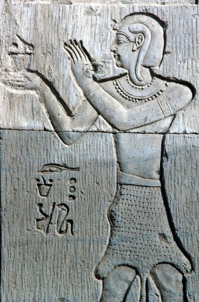 Antico Egitto, Pittura/scultura murale, Sacerdote che indossa una pelle di leopardo, offre incenso, Tempio di Sebek e Horus Kom Ombo da School Egyptian