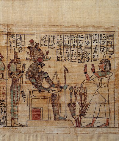 Arte egizia antica: papiro mitologico di Serimen. Serimen in adorazione davanti al dio Ptah-Sokar-Osiride seguito da Iside. Manoscritto della XXI dinastia (ca. 1069-945), terzo periodo intermedio (ca. 1069-664 a.C.) da School Egyptian