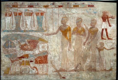 Arte egizia antica: musicisti a un banchetto. Dipinto su limo (circa 1400 a.C.) da School Egyptian