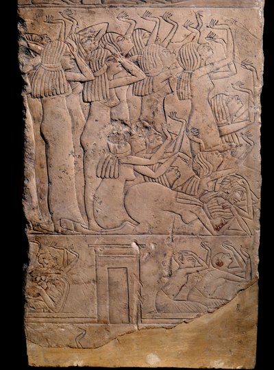 Antichità egizia: tomba memfita di Horemheb a Saqqarah, rilievo: pianto al funerale di Horemheb. XVIII dinastia (circa 1550-1295 a.C.) da School Egyptian