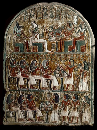 Stele di Irynefer, in alto gli dei Osiride e Anubi di fronte ad Amenofi I e Ahmes Nefertari divinizzati; al centro Irynefer, sua moglie Mehytkhaty e la loro figlia Hathor fanno l