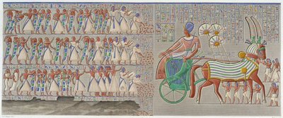 Tebe, Medynet-Abu: bassorilievo colorato, scolpito nella galleria sud del peristilio del palazzo - in 