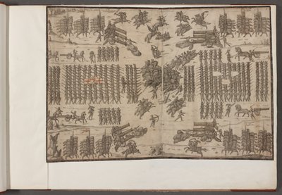 Una battaglia. Eserciti in formazione. Disegni di eserciti, soldati, cavalli e bardature, e altre scene militari. 1500-1650 da School English