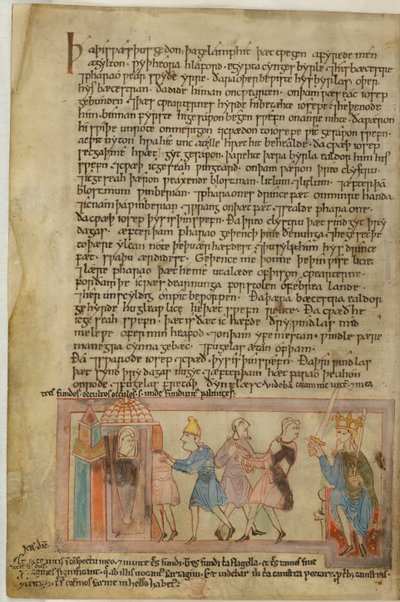 Una scena che mostra la giustizia anglosassone, illustrazione da (vellum) da School English