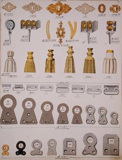 Serrature per porte, da un catalogo commerciale di beni domestici e accessori, c.1890-1910 da School English