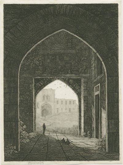 Castello di Dudley - Casa del portone e ingresso nord: incisione, nd [?XIX sec] da School English