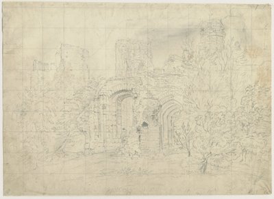 Castello di Dudley - il Barbican (disegno a matita, nd 19° sec) da School English