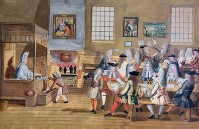Interno di una caffetteria londinese, c.1650-1750 da School English