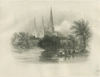 Cattedrale di Lichfield - Vista sud-ovest: incisione (vignettata), nd [c 1842] da School English