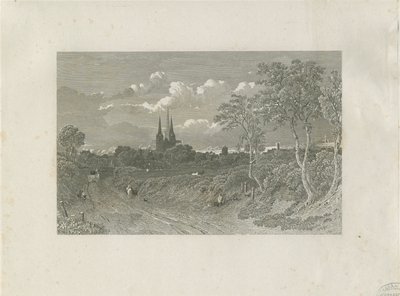 Cattedrale di Lichfield - Vista ovest (distanza): incisione, nd [?XVIII sec] da School English