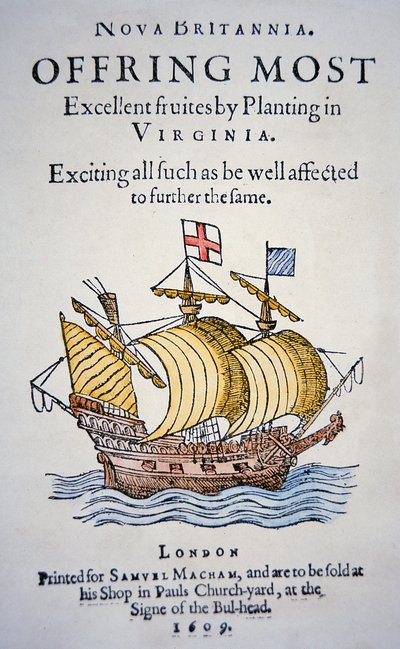 Opuscolo che incoraggia i coloni ad andare in Virginia in America, pubblicato nel 1609 da School English