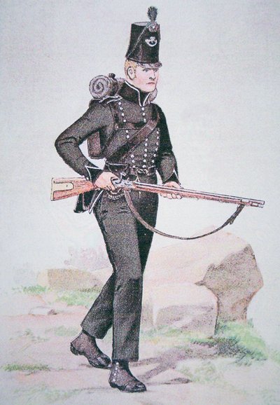 Soldato dei 95th Rifles, c.1810, armato con il fucile Baker, progettato da Ezekiel Baker di Londra da School English