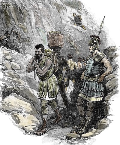 Legionario romano che supervisiona i lavoratori anglosassoni in una miniera di stagno, Inghilterra 50 d.C. da School English