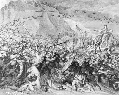 Lo sbarco di Giulio Cesare in Inghilterra nel 55 a.C. (incisione) (foto b/n) da School English