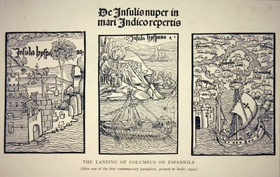 Lo sbarco di Colombo su Espaniola, da un opuscolo contemporaneo pubblicato a Basilea nel 1494 da School English