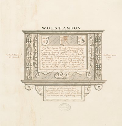 Chiesa di Wolstanton - Monumento murale a William Yonge di Caynton: disegno a penna e inchiostro, nd [?19th cent] da School English