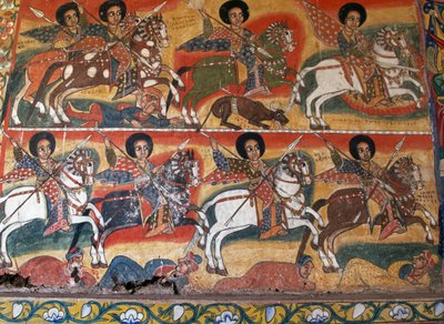 Cavalieri con lance, dipinti nel Monastero di Ura Kidane Meret (XVII secolo), Grande Bahar Dar, penisola di Zege, Etiopia, dettaglio da School Ethiopian