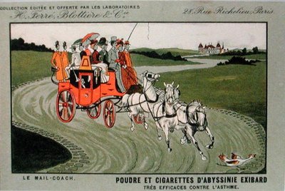 Pubblicità per il marchio di sigarette, Exibard, raffigurante una carrozza postale e affermando che il tabacco e le sigarette sono efficaci contro l